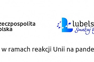 4 logotypy w jednej linii. Pod logotypami zamieszczono tekst informacyjny &quot;Sfinansowano w ramach reakcji Unii na pandemię COVID-19&quot;