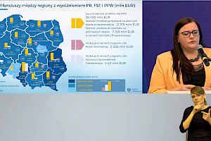 Wiceminister Małgorzata Jarosińska-Jedynak podczas referowania prezentacji dotyczącej podziału funduszy unijnych na nową perspektywę finansową 2021-2027